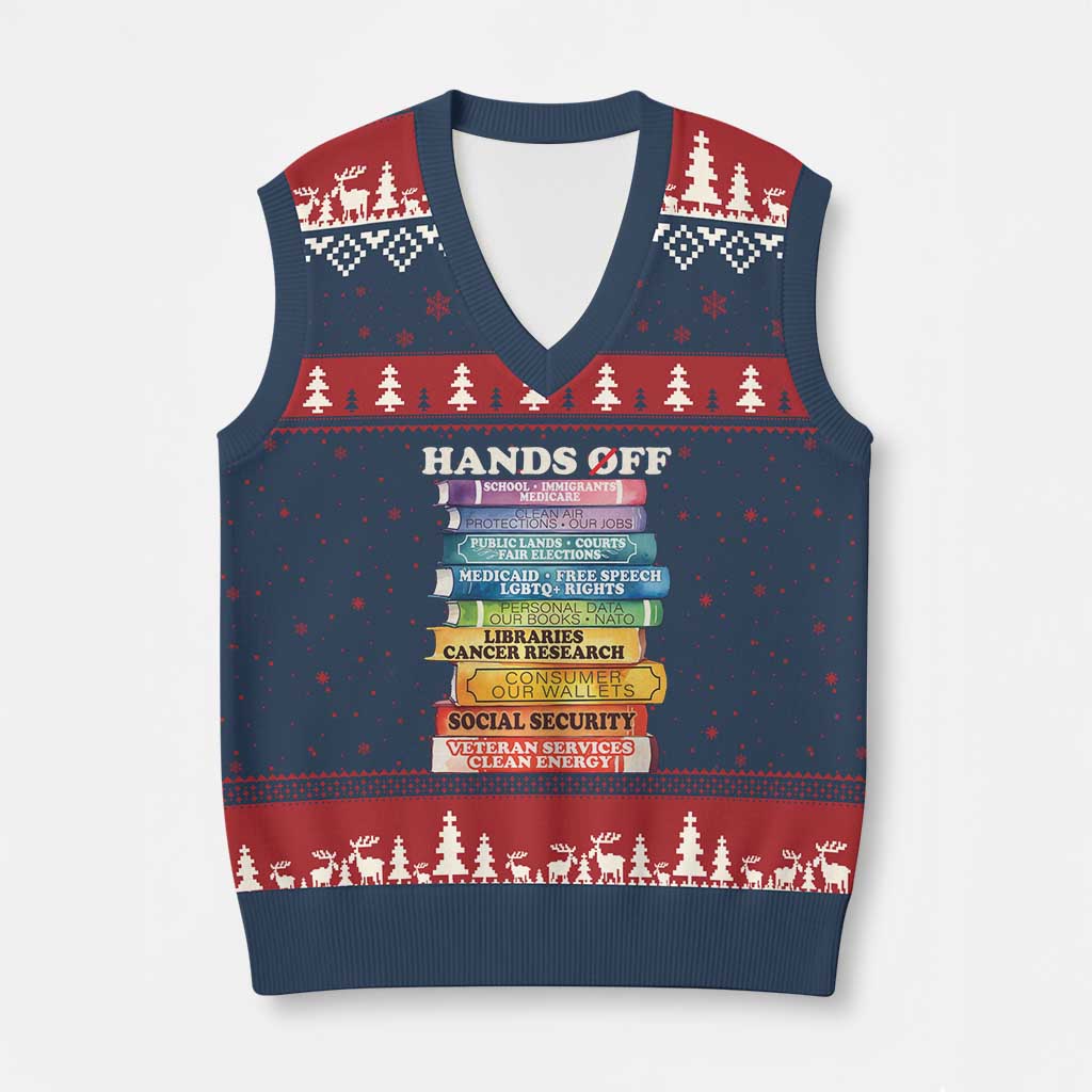 Hands Off V-Neck Knit Sweater Vest Social Security And Medicare Protest Colorful Books TS11 Navy Red Print Your Wear