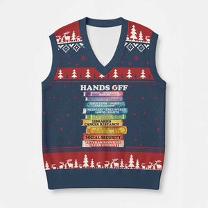 Hands Off V-Neck Knit Sweater Vest Social Security And Medicare Protest Colorful Books TS11 Navy Red Print Your Wear