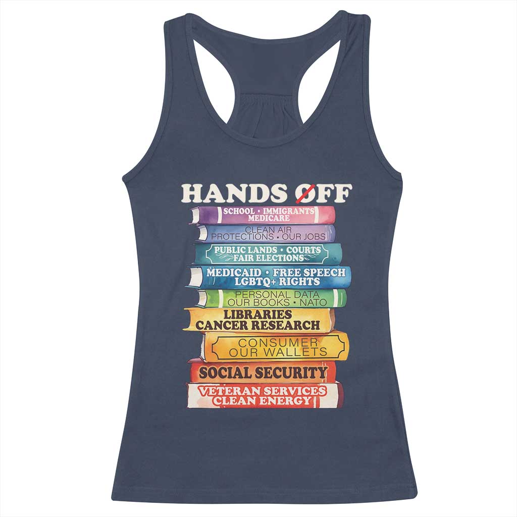 Hands Off Racerback Tank Top Social Security And Medicare Protest Colorful Books TS11 Navy Print Your Wear