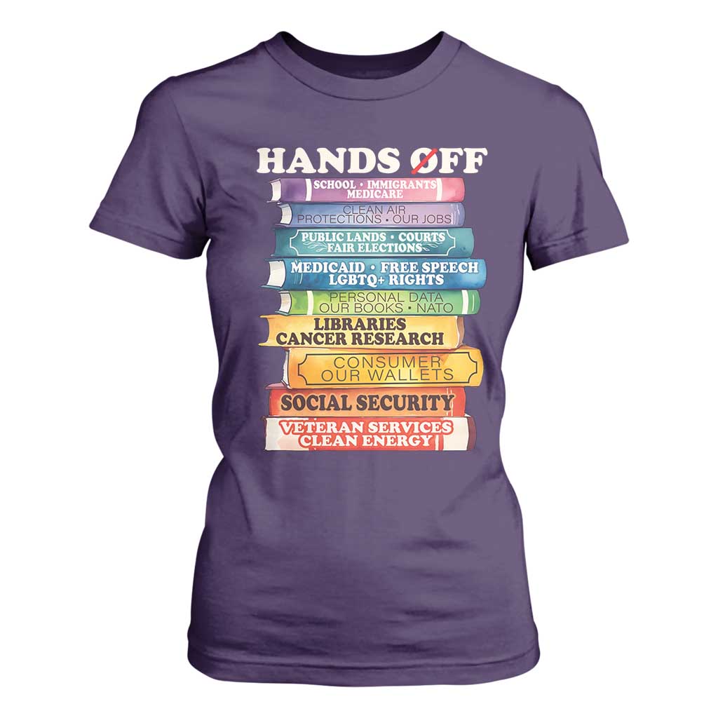 Hands Off T Shirt For Women Social Security And Medicare Protest Colorful Books TS11 Purple Print Your Wear