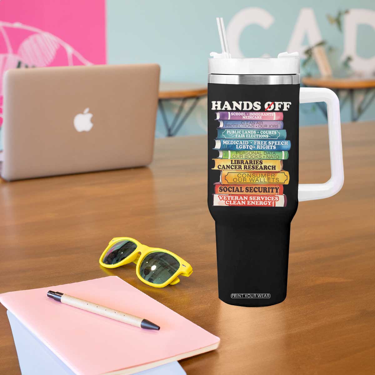 Hands Off Tumbler With Handle Social Security And Medicare Protest Colorful Books TS11 Print Your Wear