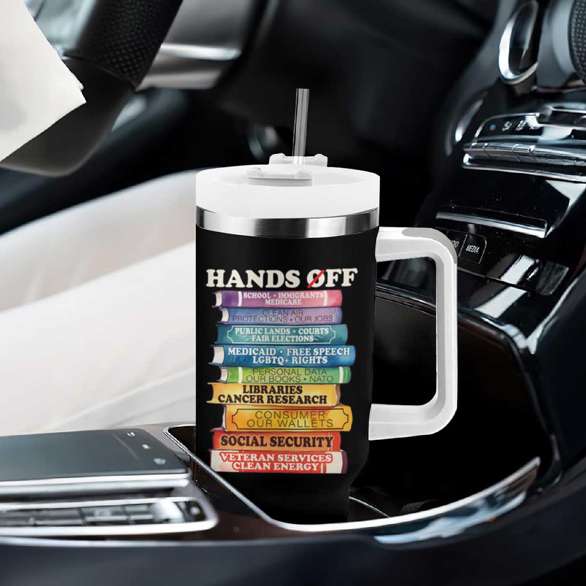Hands Off Tumbler With Handle Social Security And Medicare Protest Colorful Books TS11 Print Your Wear