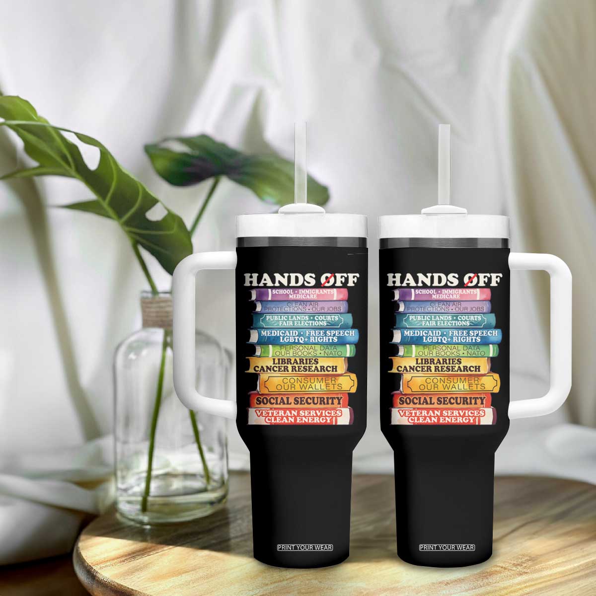 Hands Off Tumbler With Handle Social Security And Medicare Protest Colorful Books TS11 Print Your Wear