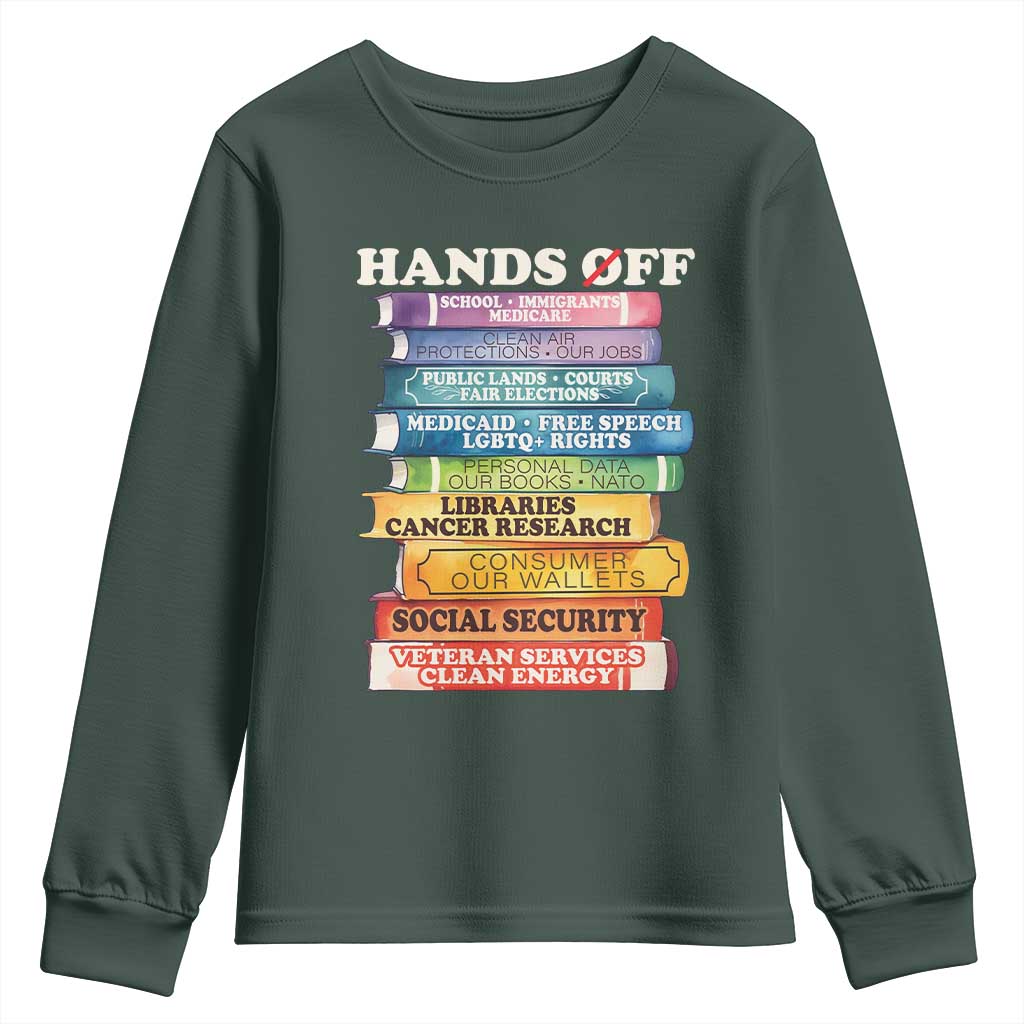 Hands Off Youth Sweatshirt Social Security And Medicare Protest Colorful Books TS11 Dark Forest Green Print Your Wear