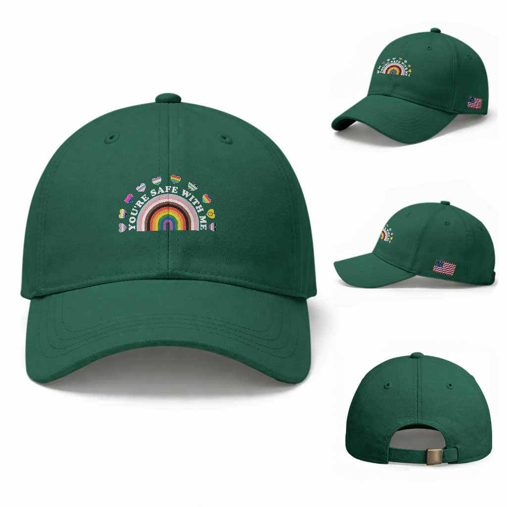You're Safe With Me Baseball Cap LGBTQ Pride Ally Rainbow Heart TS11 Baseball Cap Universal Fit Irish Green Print Your Wear