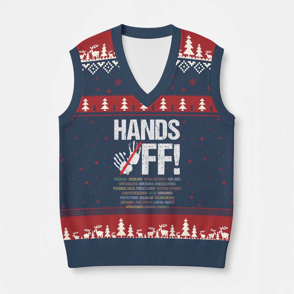 Hands Off V-Neck Knit Sweater Vest Social Security And Medicare Protest Vintage Hand Print TS11 Navy Red Print Your Wear