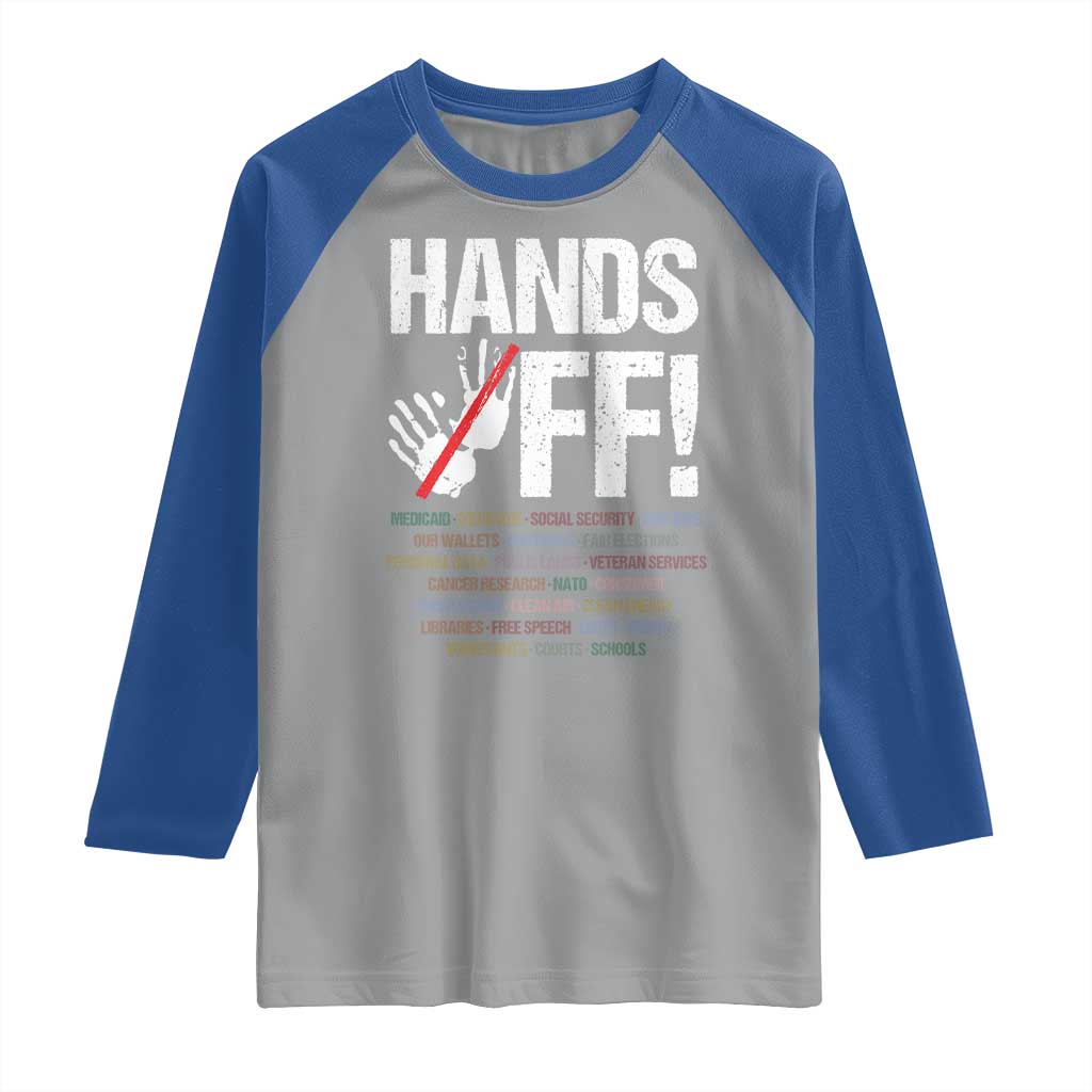 Hands Off Raglan Shirt Social Security And Medicare Protest Vintage Hand Print TS11 Sport Gray Royal Print Your Wear