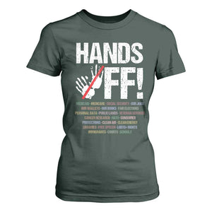 Hands Off T Shirt For Women Social Security And Medicare Protest Vintage Hand Print TS11 Dark Forest Green Print Your Wear