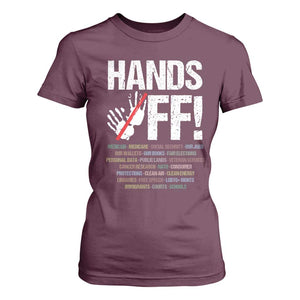 Hands Off T Shirt For Women Social Security And Medicare Protest Vintage Hand Print TS11 Maroon Print Your Wear