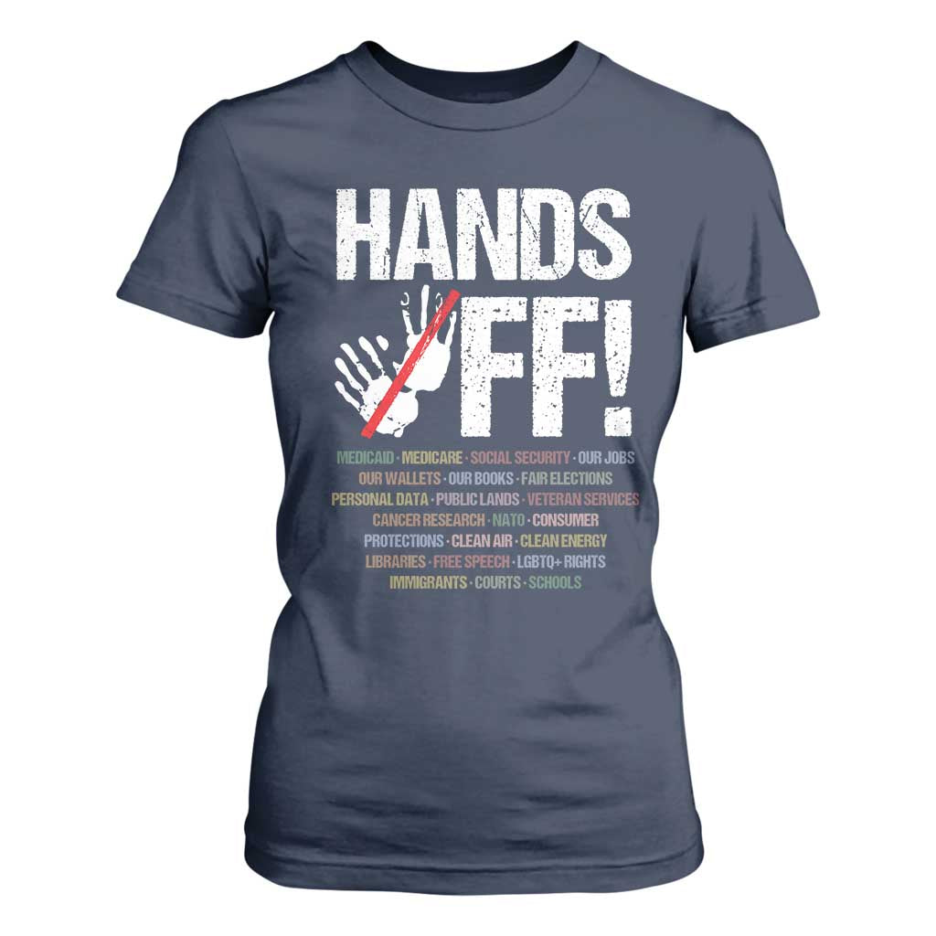 Hands Off T Shirt For Women Social Security And Medicare Protest Vintage Hand Print TS11 Navy Print Your Wear