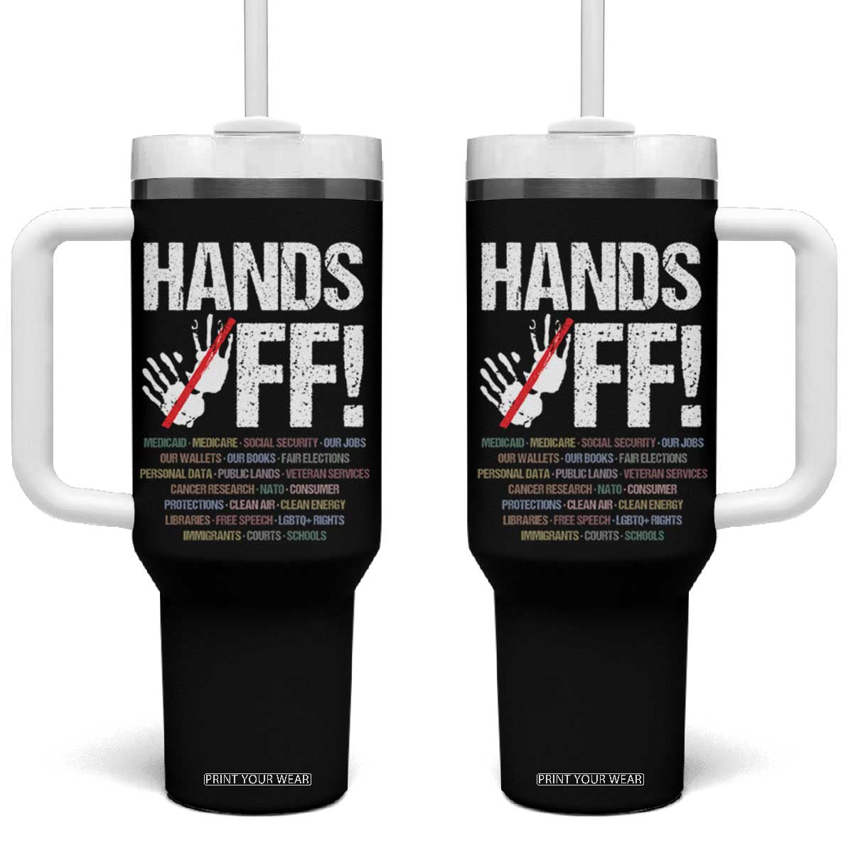 Hands Off Tumbler With Handle Social Security And Medicare Protest Vintage Hand Print TS11 One Size: 40 oz Black Print Your Wear