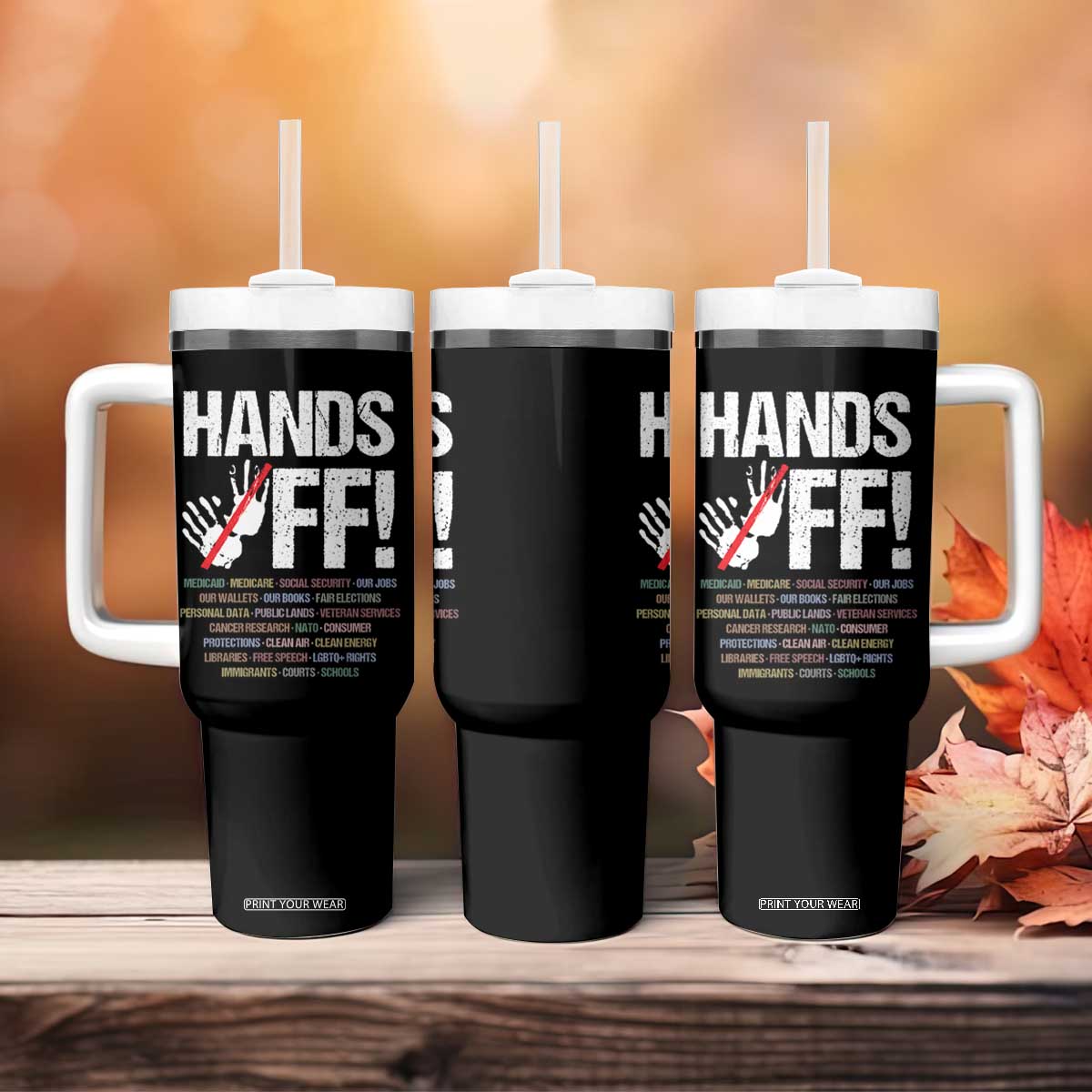 Hands Off Tumbler With Handle Social Security And Medicare Protest Vintage Hand Print TS11 Print Your Wear