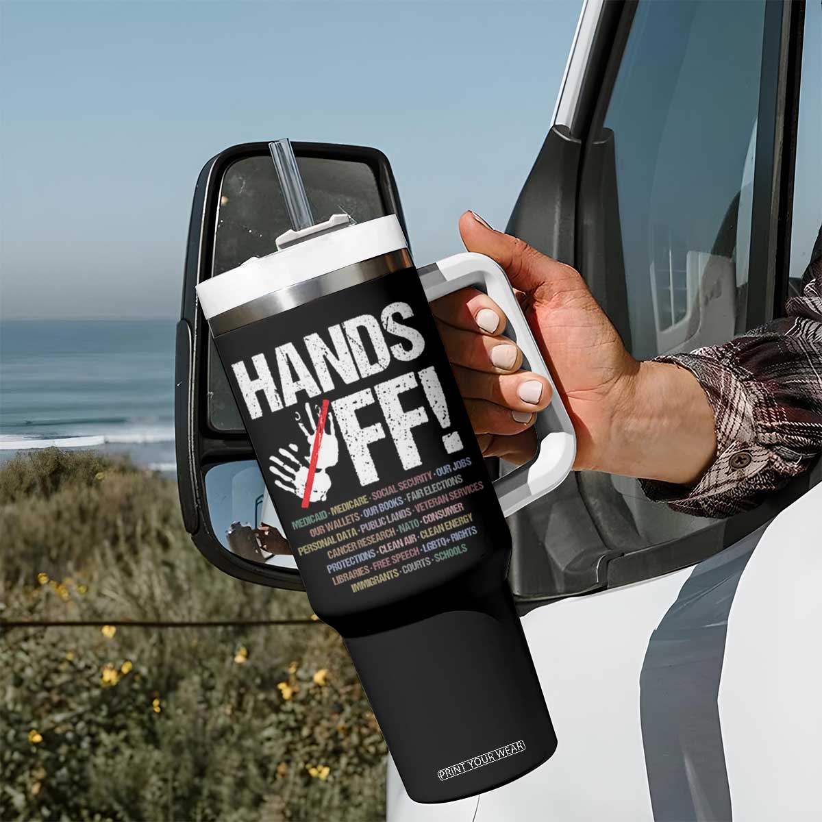 Hands Off Tumbler With Handle Social Security And Medicare Protest Vintage Hand Print TS11 Print Your Wear