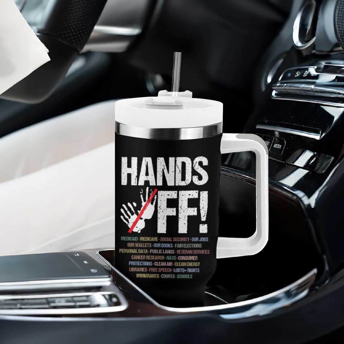 Hands Off Tumbler With Handle Social Security And Medicare Protest Vintage Hand Print TS11 Print Your Wear