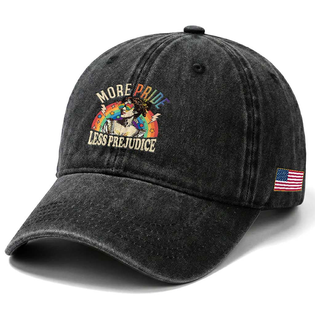 More Pride Less Prejudice Washed Cotton Baseball Cap Pride Month LGBTQ Rainbow TS11 Print Your Wear