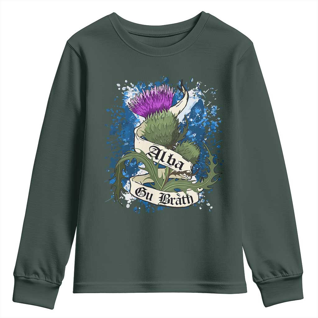 Alba Gu Brath Youth Sweatshirt Vintage Thistle Flower Scottish Scotland Flag Saltire TS11 Dark Forest Green Print Your Wear