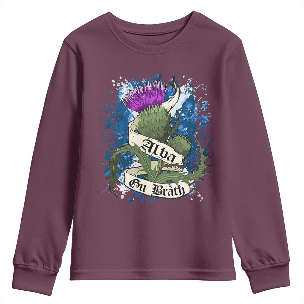 Alba Gu Brath Youth Sweatshirt Vintage Thistle Flower Scottish Scotland Flag Saltire TS11 Maroon Print Your Wear