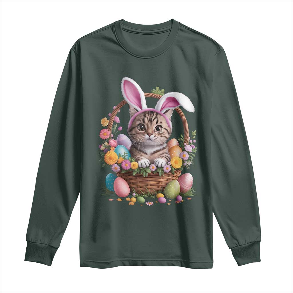 Funny Easter Day Cat Bunny Ears Egg Basket Long Sleeve Shirt TS11 Dark Forest Green Print Your Wear