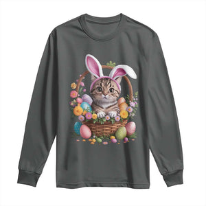 Funny Easter Day Cat Bunny Ears Egg Basket Long Sleeve Shirt TS11 Dark Heather Print Your Wear