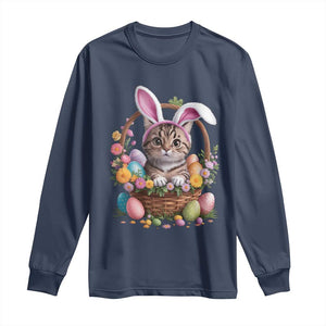 Funny Easter Day Cat Bunny Ears Egg Basket Long Sleeve Shirt TS11 Navy Print Your Wear