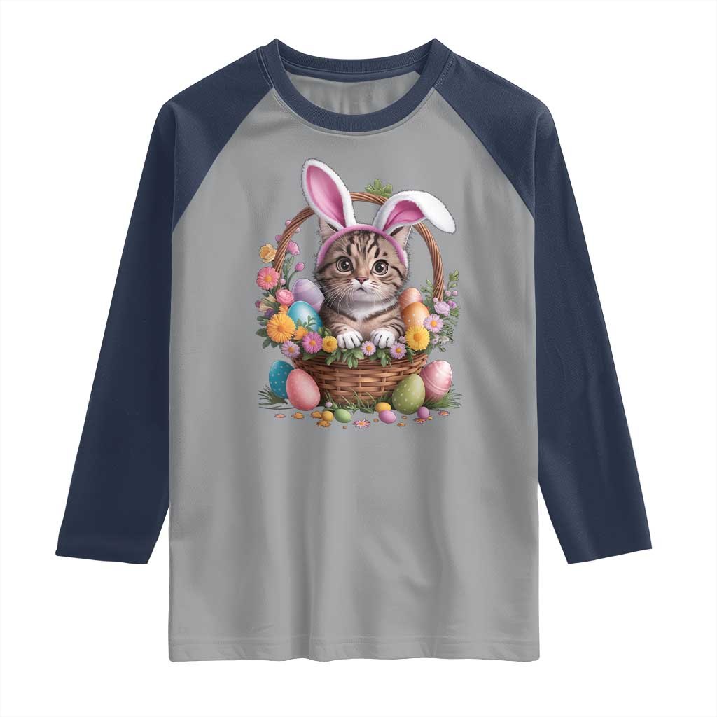 Funny Easter Day Cat Bunny Ears Egg Basket Raglan Shirt TS11 Sport Gray Navy Print Your Wear