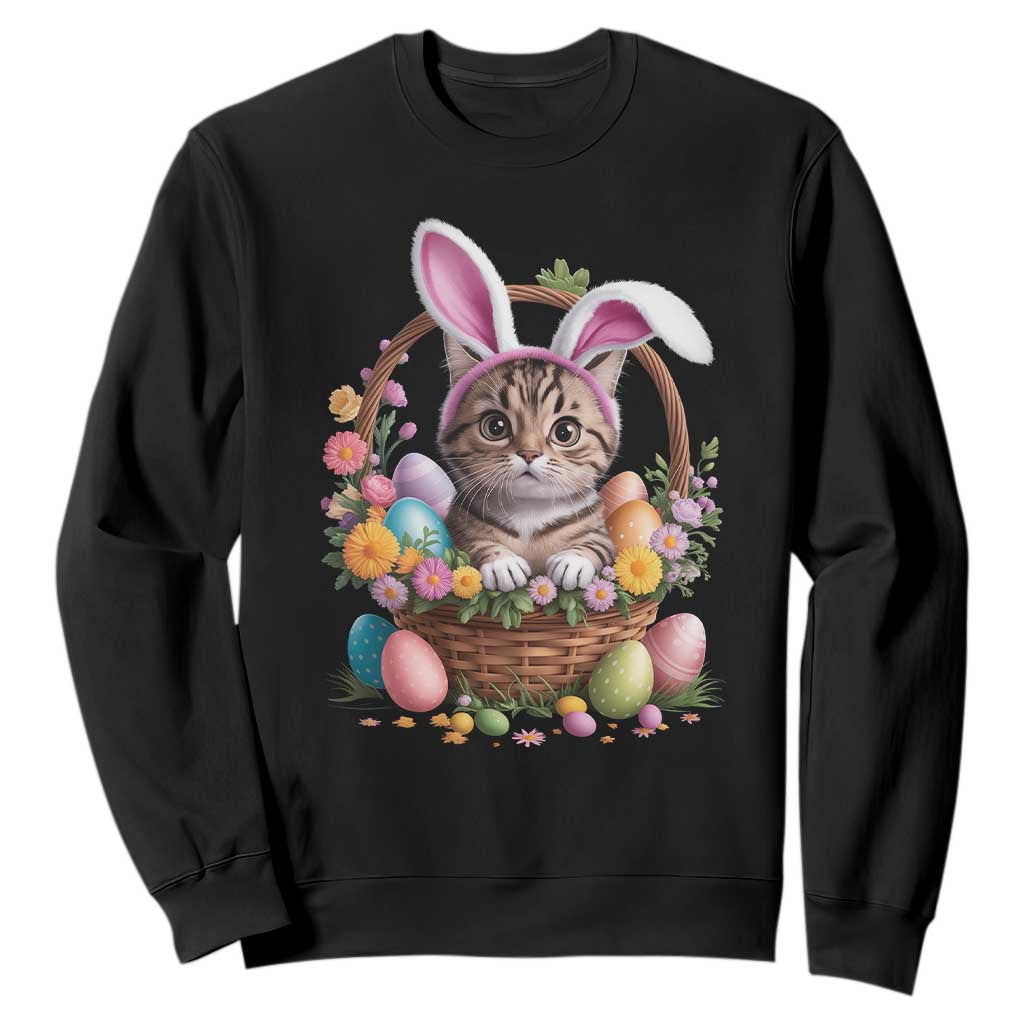 Funny Easter Day Cat Bunny Ears Egg Basket Sweatshirt TS11 Black Print Your Wear