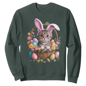 Funny Easter Day Cat Bunny Ears Egg Basket Sweatshirt TS11 Dark Forest Green Print Your Wear