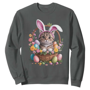 Funny Easter Day Cat Bunny Ears Egg Basket Sweatshirt TS11 Dark Heather Print Your Wear