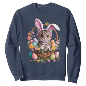 Funny Easter Day Cat Bunny Ears Egg Basket Sweatshirt TS11 Navy Print Your Wear