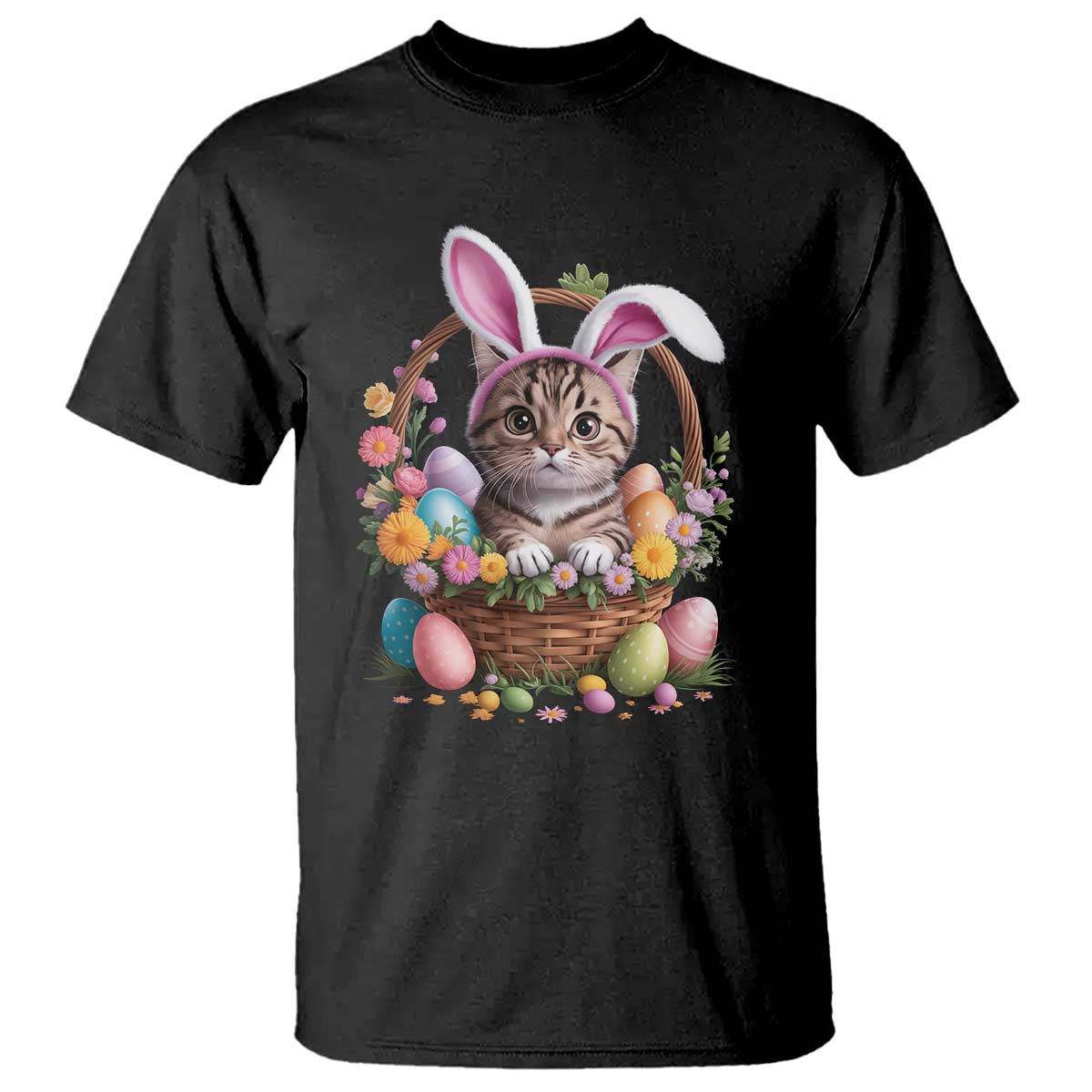Funny Easter Day Cat Bunny Ears Egg Basket T Shirt TS11 Black Print Your Wear