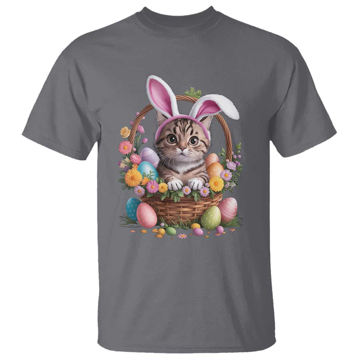 Funny Easter Day Cat Bunny Ears Egg Basket T Shirt TS11 Charcoal Print Your Wear