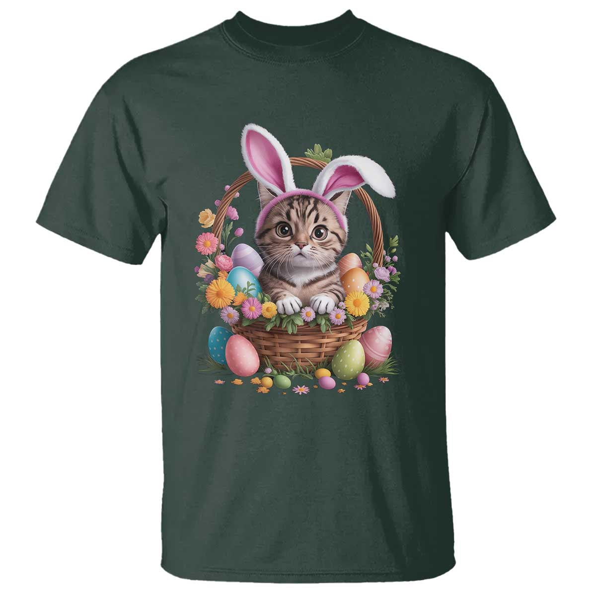 Funny Easter Day Cat Bunny Ears Egg Basket T Shirt TS11 Dark Forest Green Print Your Wear
