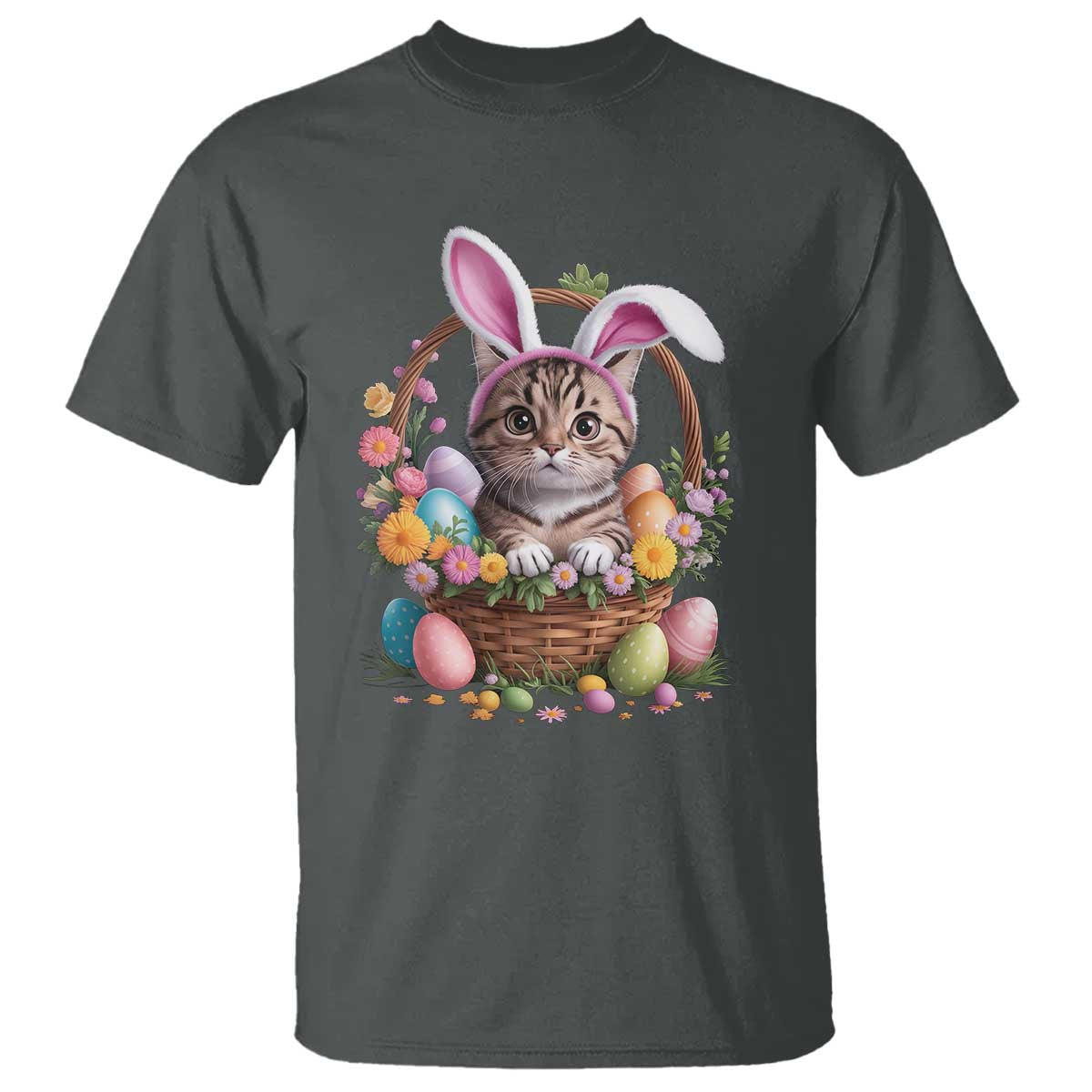 Funny Easter Day Cat Bunny Ears Egg Basket T Shirt TS11 Dark Heather Print Your Wear