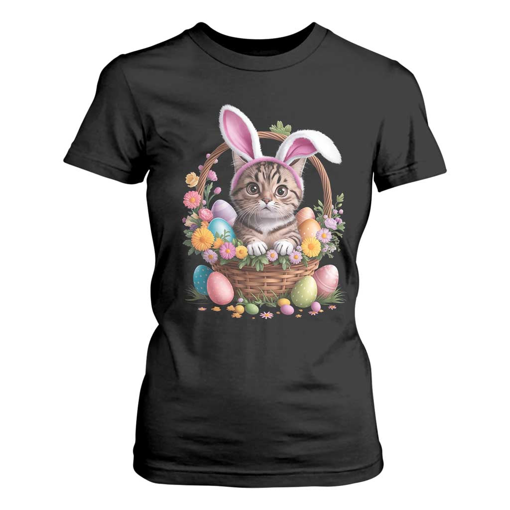 Funny Easter Day Cat Bunny Ears Egg Basket T Shirt For Women TS11 Black Print Your Wear