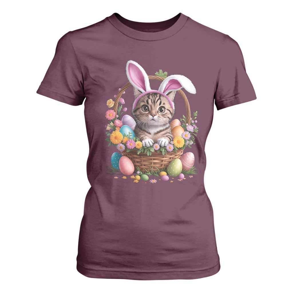 Funny Easter Day Cat Bunny Ears Egg Basket T Shirt For Women TS11 Maroon Print Your Wear