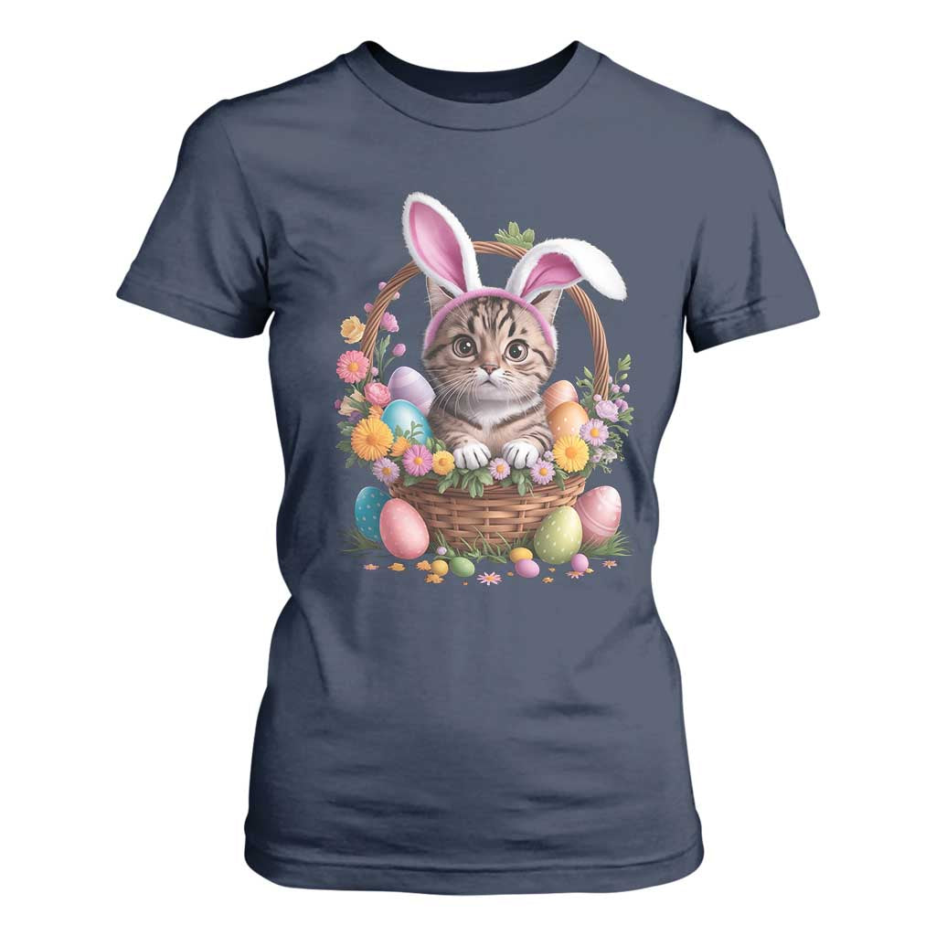 Funny Easter Day Cat Bunny Ears Egg Basket T Shirt For Women TS11 Navy Print Your Wear