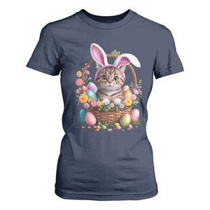 Funny Easter Day Cat Bunny Ears Egg Basket T Shirt For Women TS11 Navy Print Your Wear
