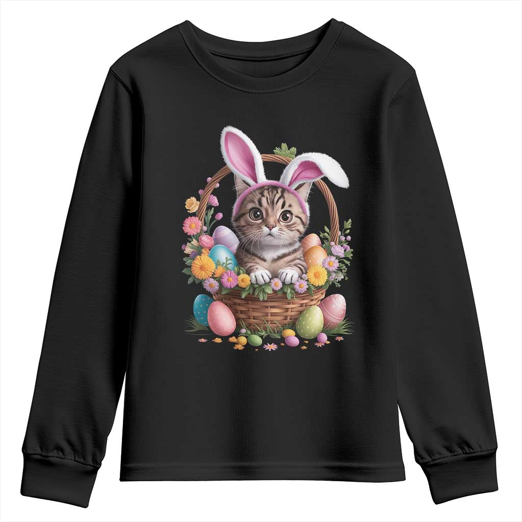 Funny Easter Day Cat Bunny Ears Egg Basket Youth Sweatshirt TS11 Black Print Your Wear