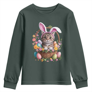 Funny Easter Day Cat Bunny Ears Egg Basket Youth Sweatshirt TS11 Dark Forest Green Print Your Wear