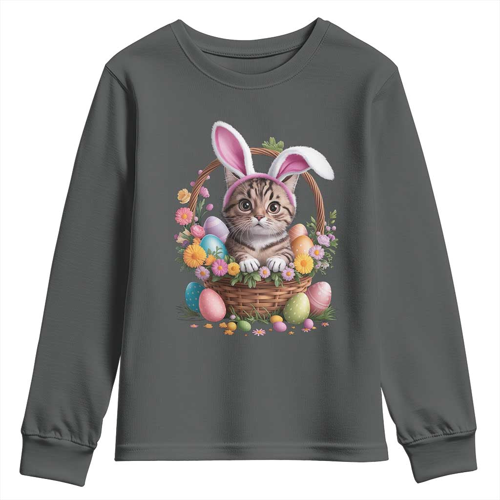 Funny Easter Day Cat Bunny Ears Egg Basket Youth Sweatshirt TS11 Dark Heather Print Your Wear