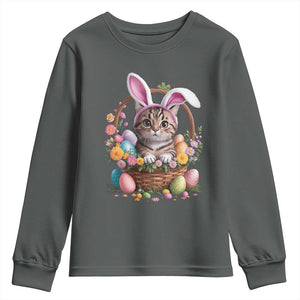 Funny Easter Day Cat Bunny Ears Egg Basket Youth Sweatshirt TS11 Dark Heather Print Your Wear