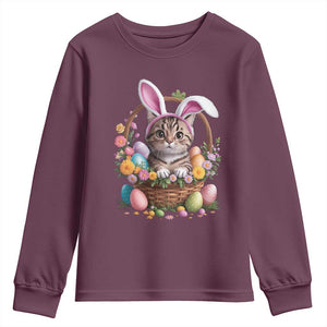 Funny Easter Day Cat Bunny Ears Egg Basket Youth Sweatshirt TS11 Maroon Print Your Wear