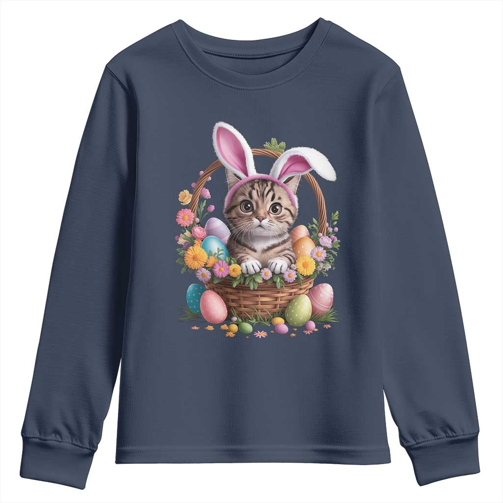 Funny Easter Day Cat Bunny Ears Egg Basket Youth Sweatshirt TS11 Navy Print Your Wear