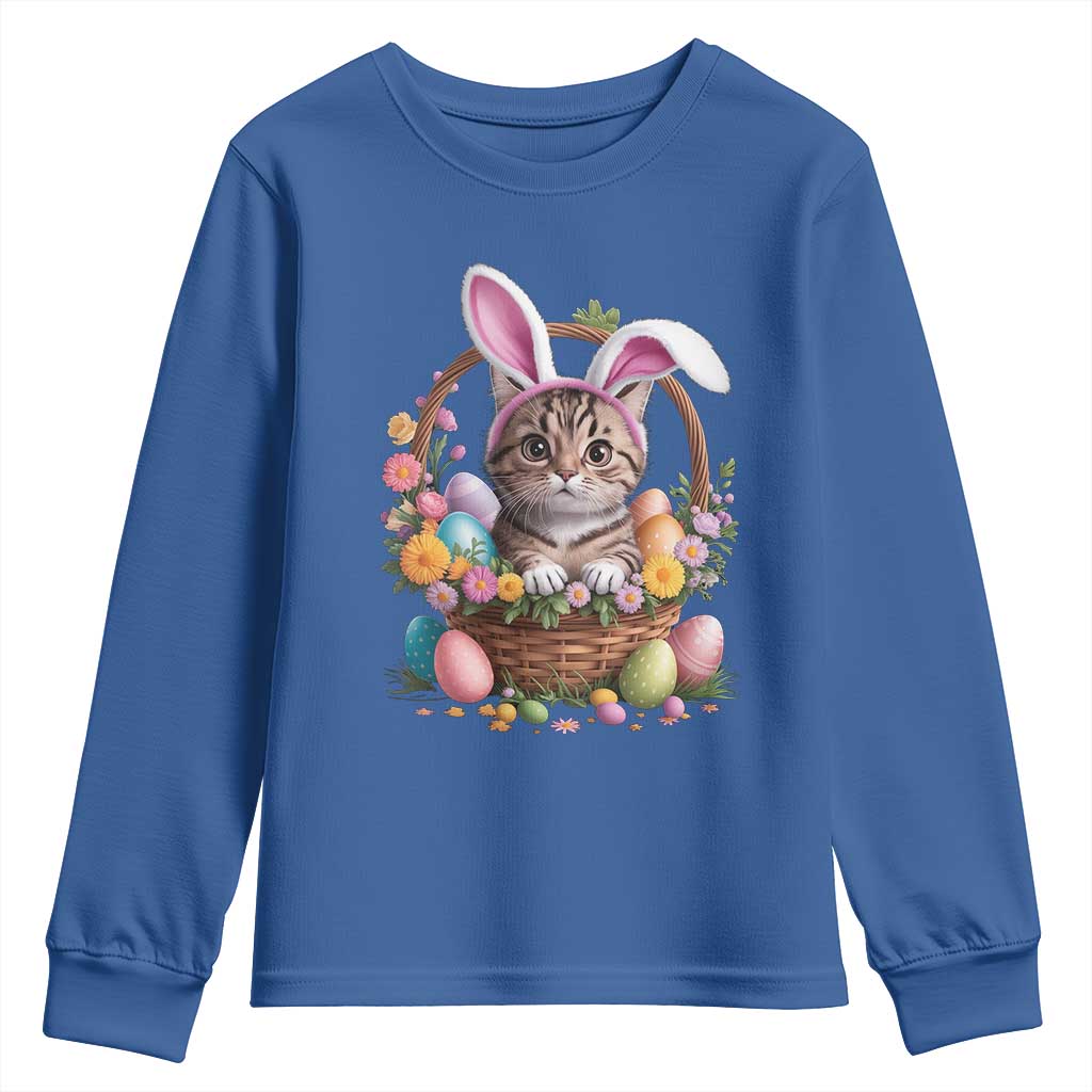 Funny Easter Day Cat Bunny Ears Egg Basket Youth Sweatshirt TS11 Royal Blue Print Your Wear