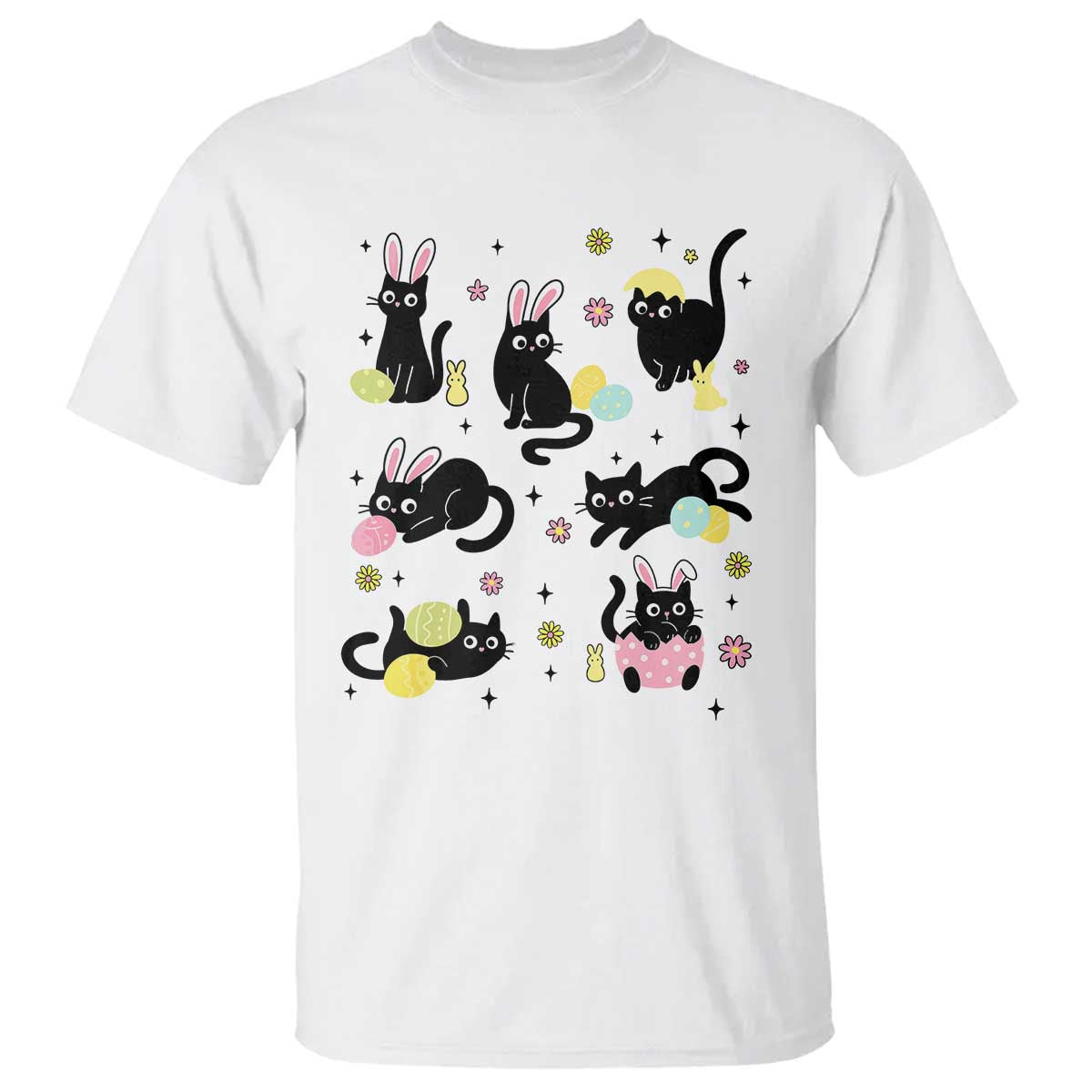 Funny Black Cat With Bunny Eggs Easter Day T Shirt TS11 White Print Your Wear