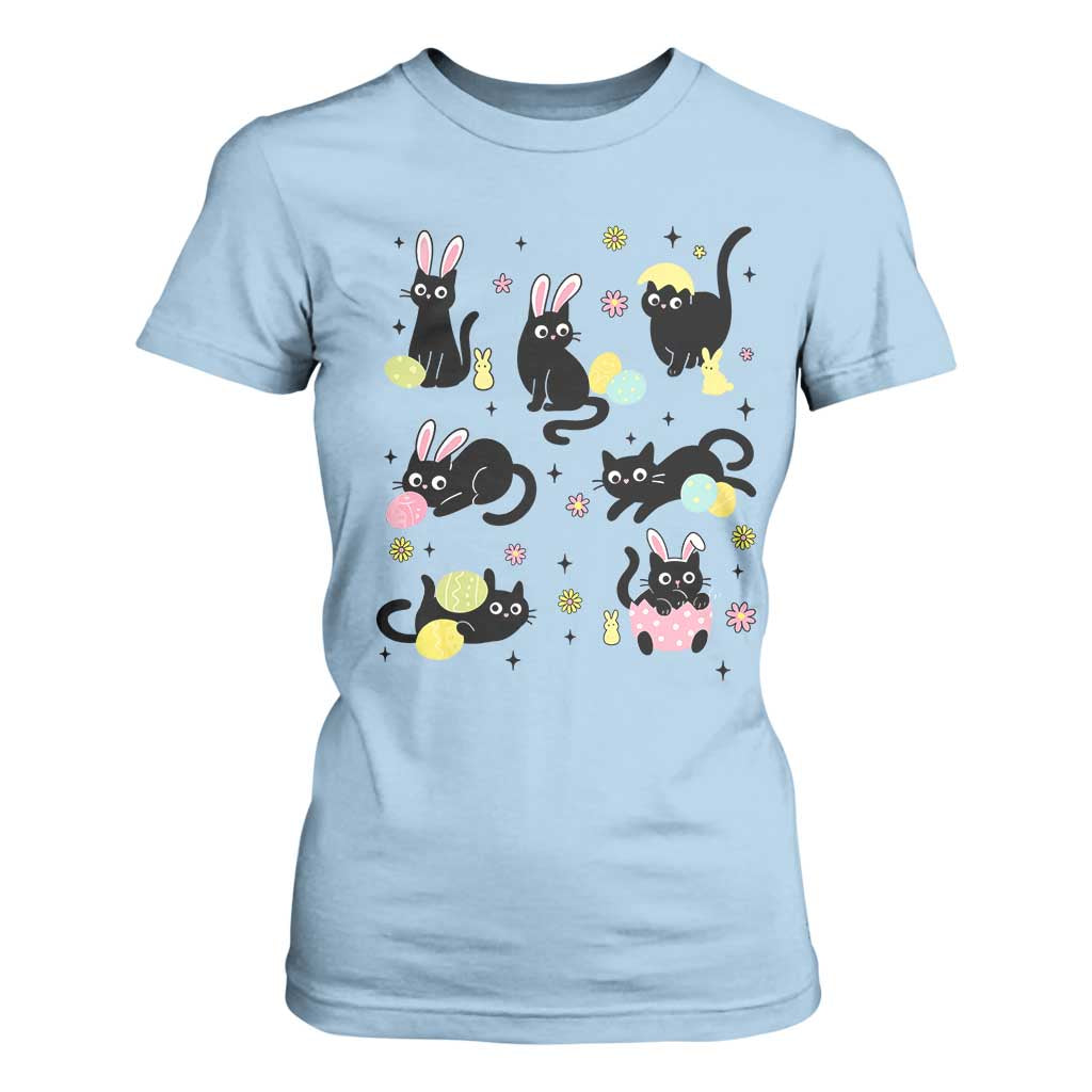 Funny Black Cat With Bunny Eggs Easter Day T Shirt For Women TS11 Light Blue Print Your Wear
