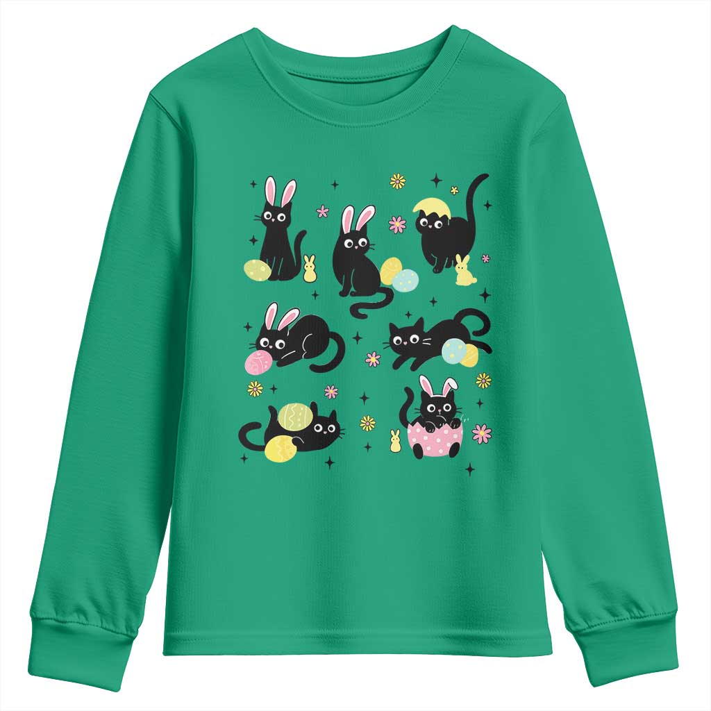 Funny Black Cat With Bunny Eggs Easter Day Youth Sweatshirt TS11 Irish Green Print Your Wear