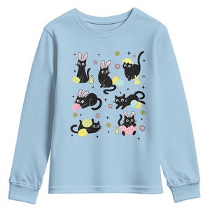 Funny Black Cat With Bunny Eggs Easter Day Youth Sweatshirt TS11 Light Blue Print Your Wear