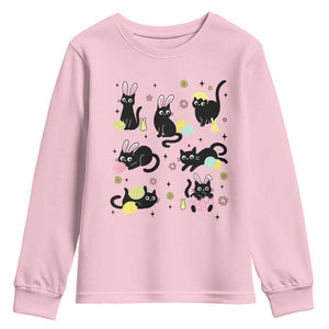 Funny Black Cat With Bunny Eggs Easter Day Youth Sweatshirt TS11 Light Pink Print Your Wear