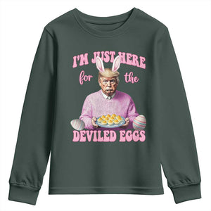 Funny Easter Day Trump Youth Sweatshirt I'm Just Here For The Deviled Eggs Bunny Ears TS11 Dark Forest Green Print Your Wear